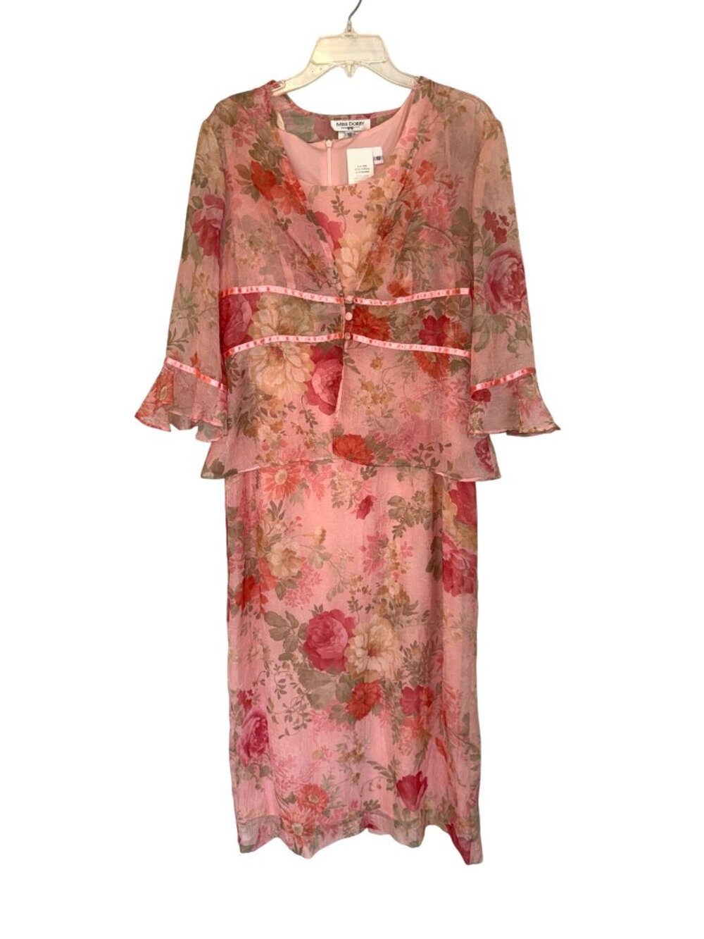 Vintage 90s Miss Dorby Pink Floral Sleeveless Midi Dress Jacket Sheer Lined 12 - Picture 2 of 14